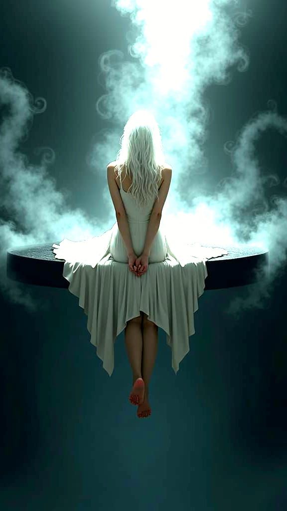 **White-haired woman sitting on the edge of an abyss, smoke swirling around her in black background, legs hanging down from above, white dre...
