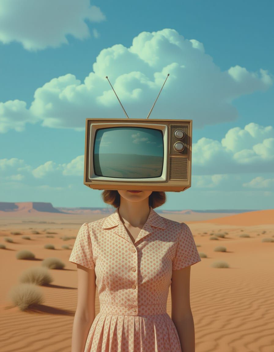 Woman With TV Head in Desert Landscape
