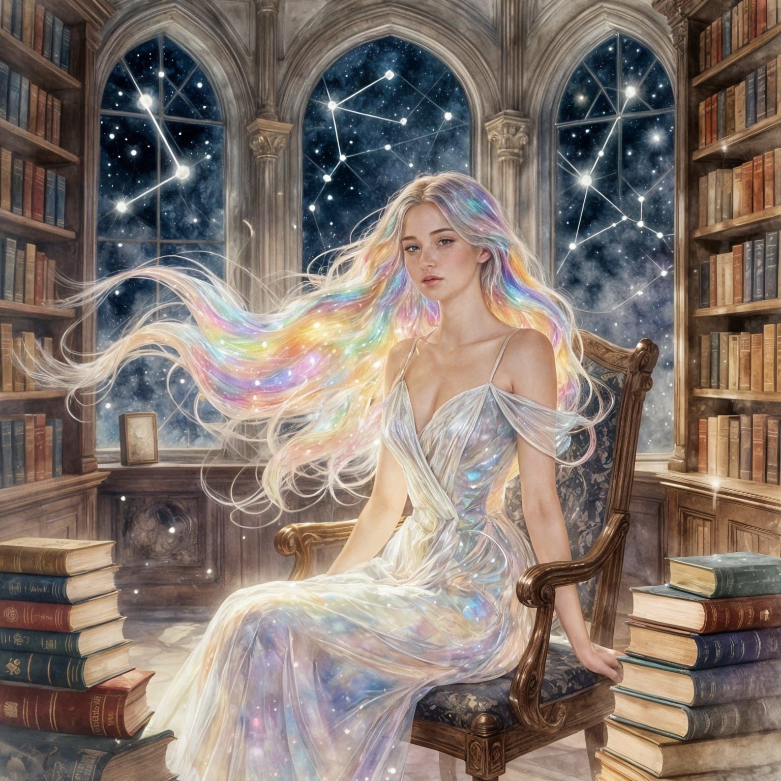 An elegant woman with flowing, iridescent hair sits in a grand library where the books are made of shimmering ...  by @Nettypop