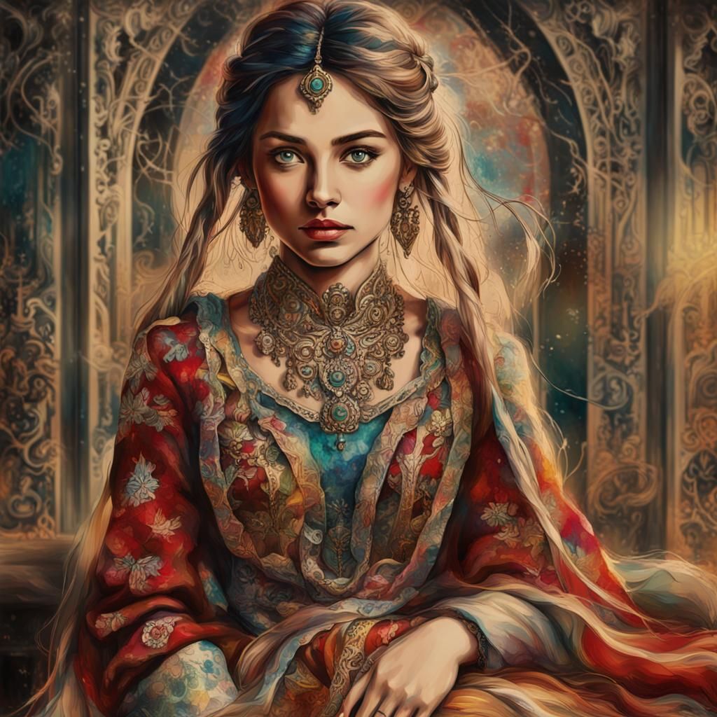 a colorful canvas mix media art of female