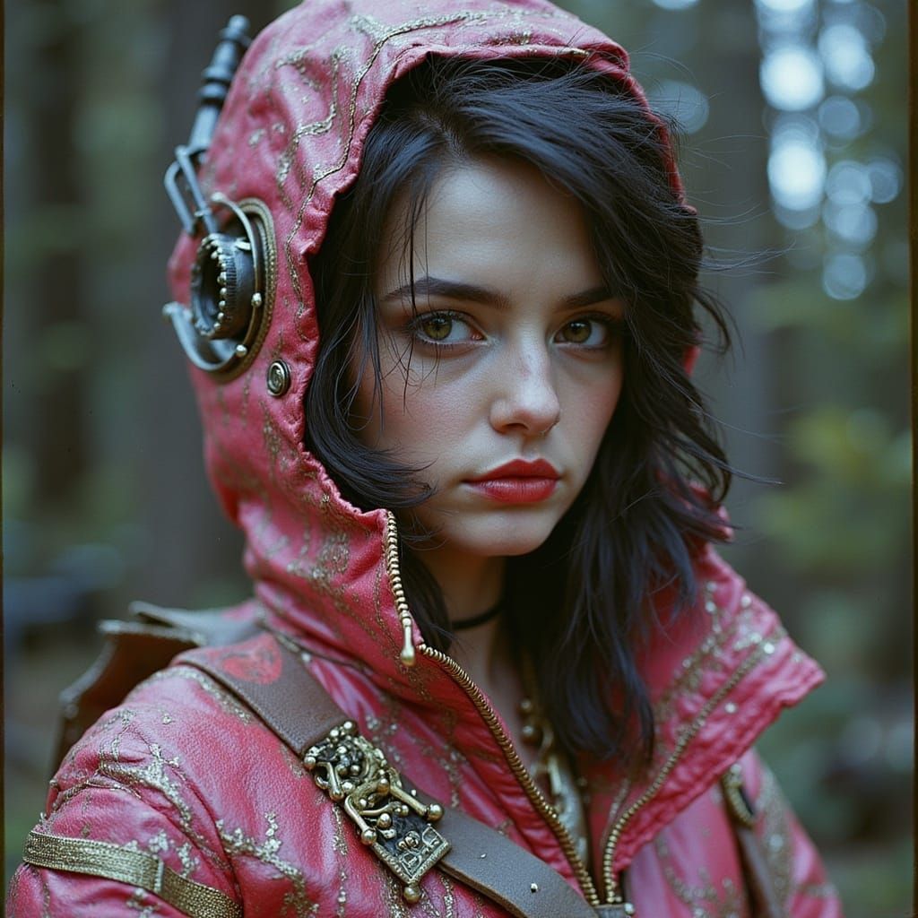 <lora:doublxposefilmglitch:1.0> Full length image of an extraordinary character design as a girl space warlord, blending femininity & fierce...