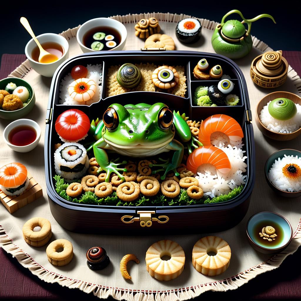 frog bento with crispy snails, slimy slugs, fried snakes, an...