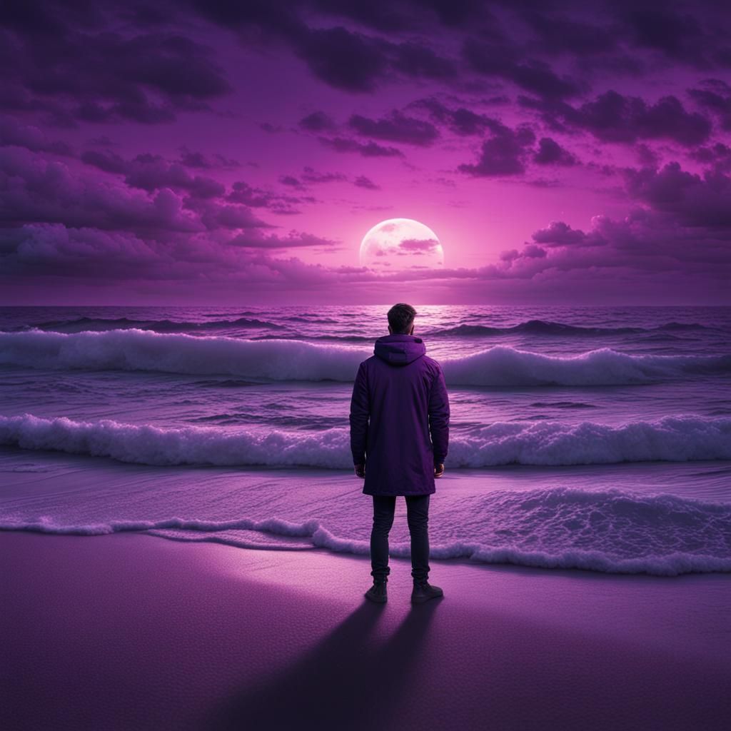 Man standing alone on a beach with a purple sunset behind hi...