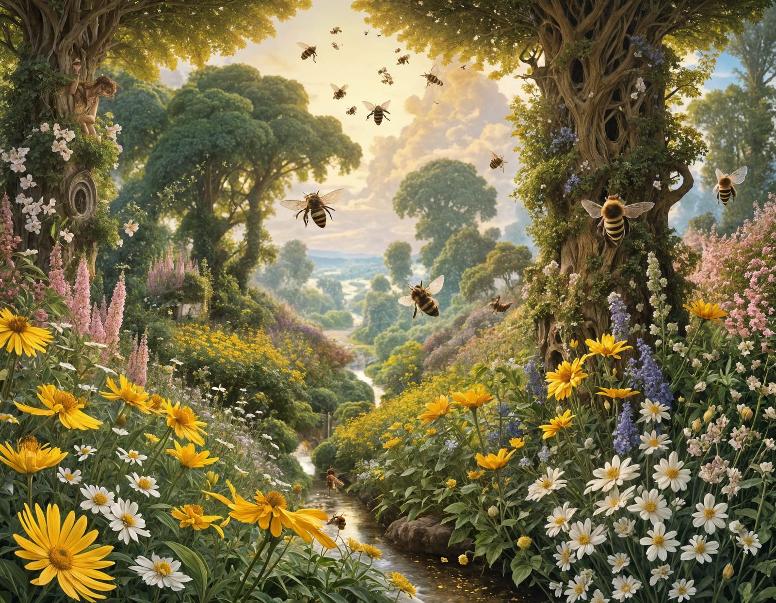 Bees of the Eternal Bloom: A Mythical Garden of Everlasting Spring  by @Miguelito101