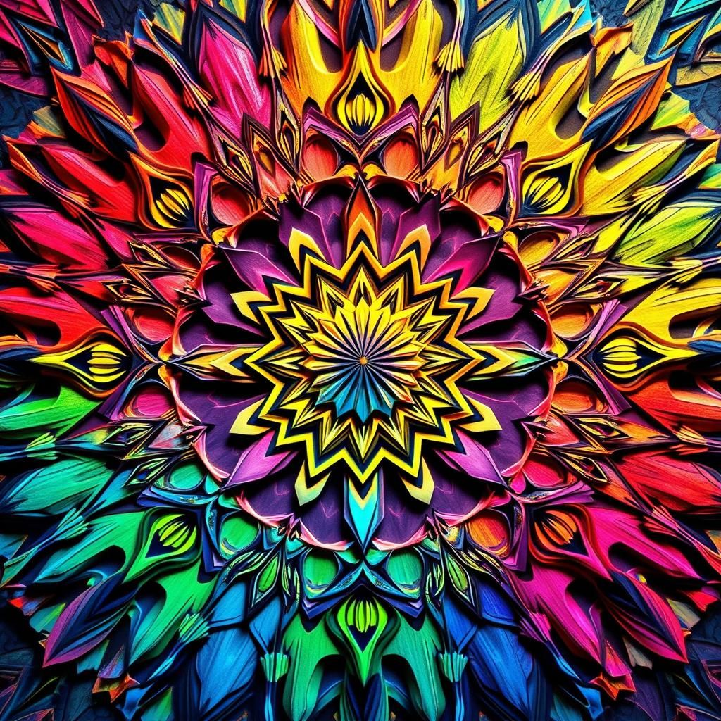 "Techno Mandala" graffiti art, splash art, street art, spray paint, oil