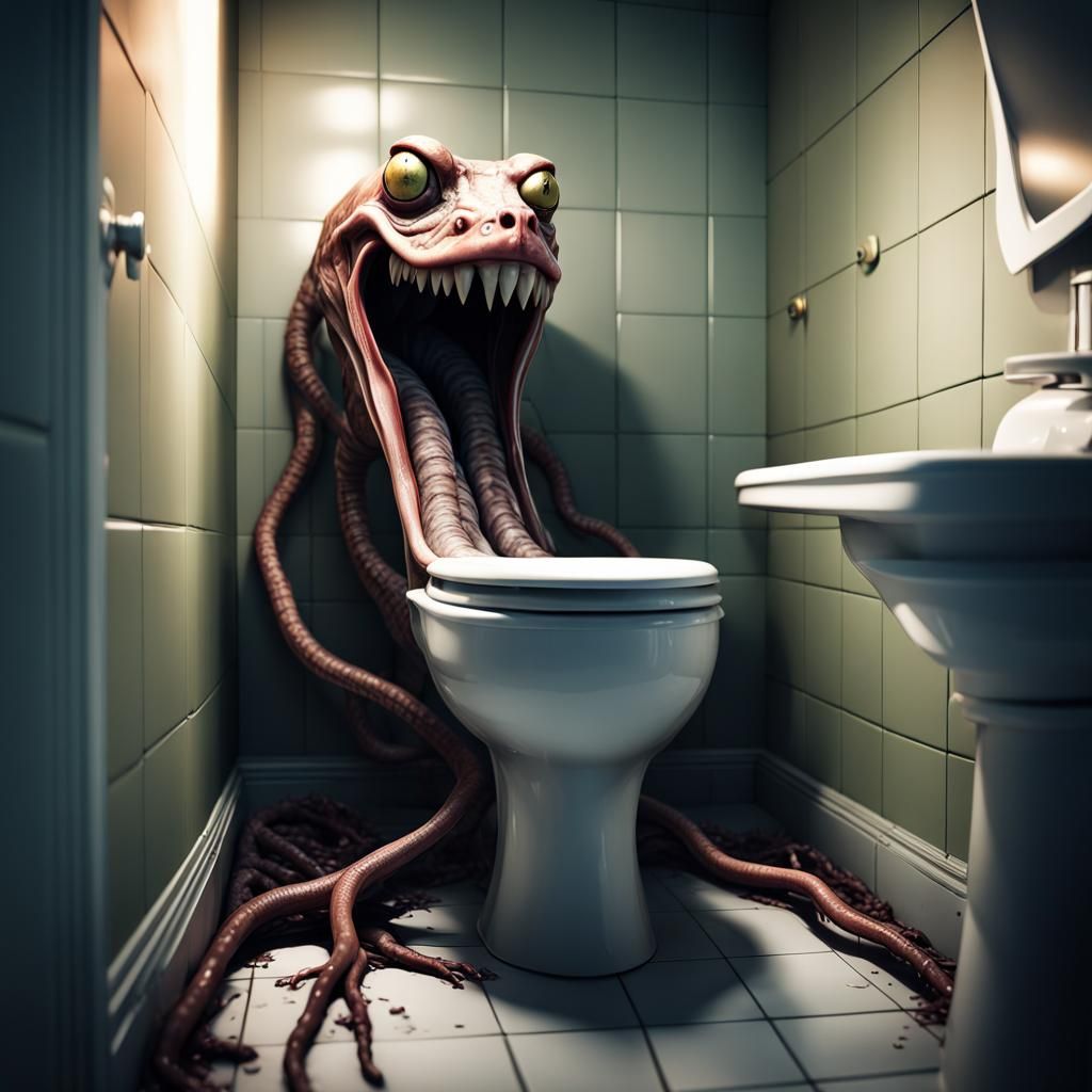A disturbing  slimey beast climbing out of a toilet intricat...