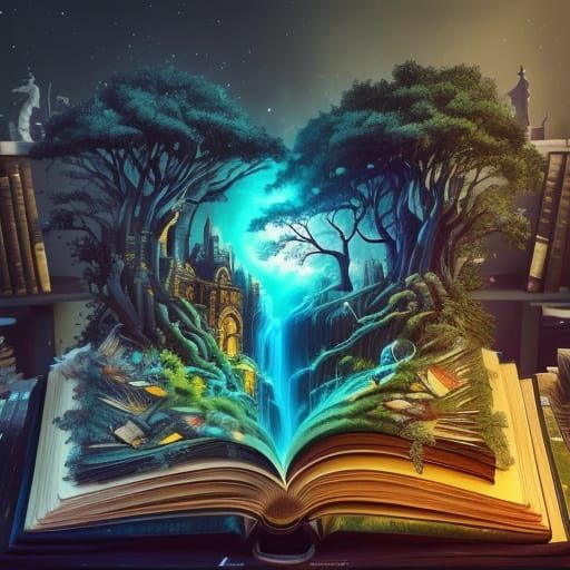 Cozy Tree Nook with Glowing Roots and Neon Books