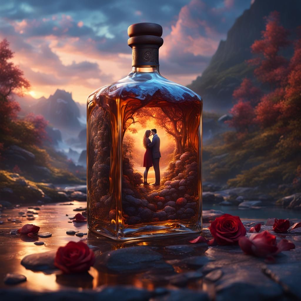 a romantic love scene hidden within a whisky bottle
  by @coupdevent