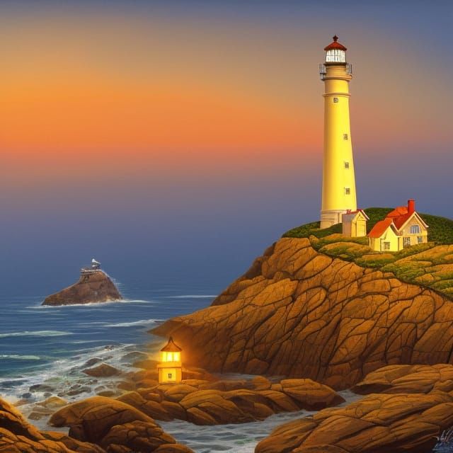 Bright lighthouse lights, Lighthouse on the rock, Whales, Fo...