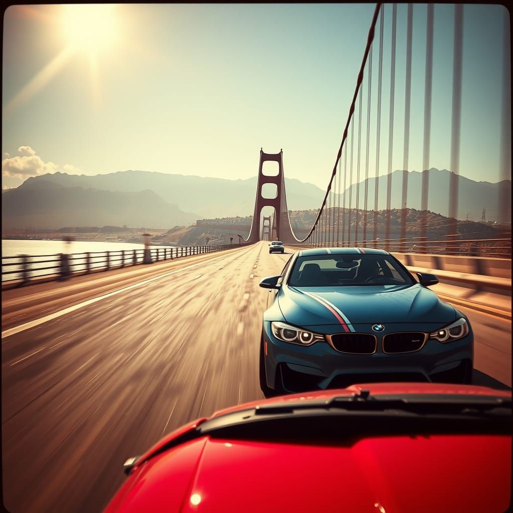 bmw m4 sports, passing by Abshar on the bridge، color is red...