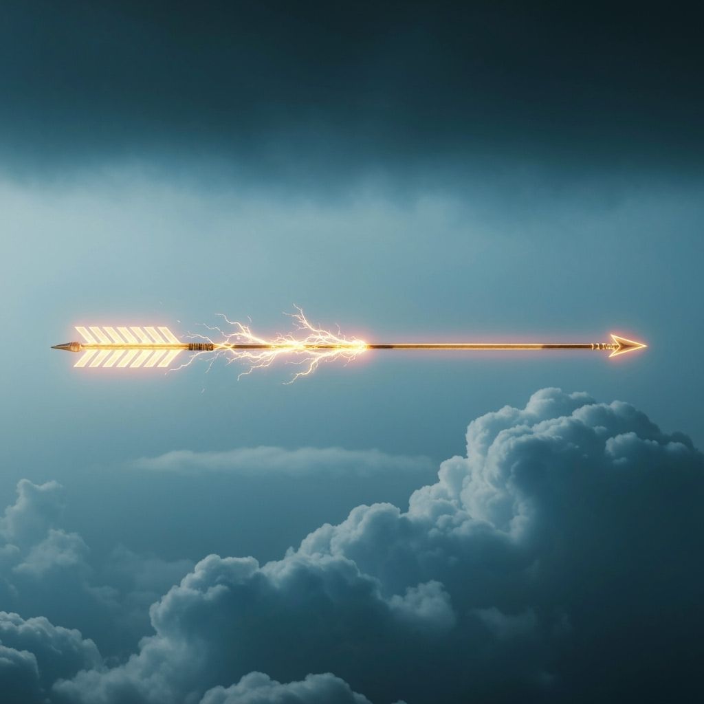 Glowing Arrow Spiraling Through Cloudy Sky