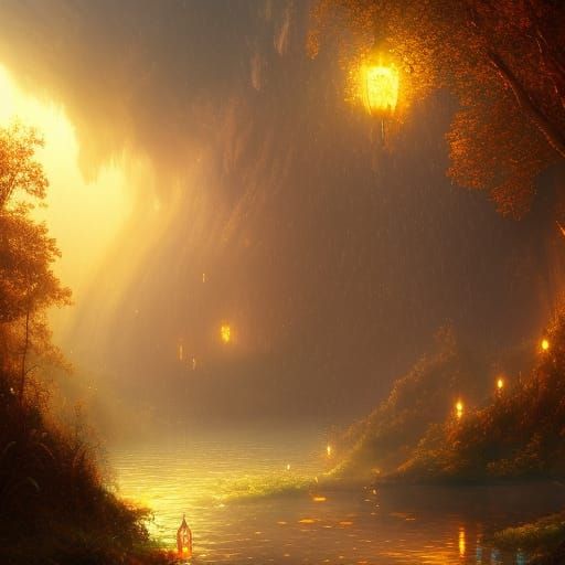 Find me in the shimmering golden rain of light, detailed mat...