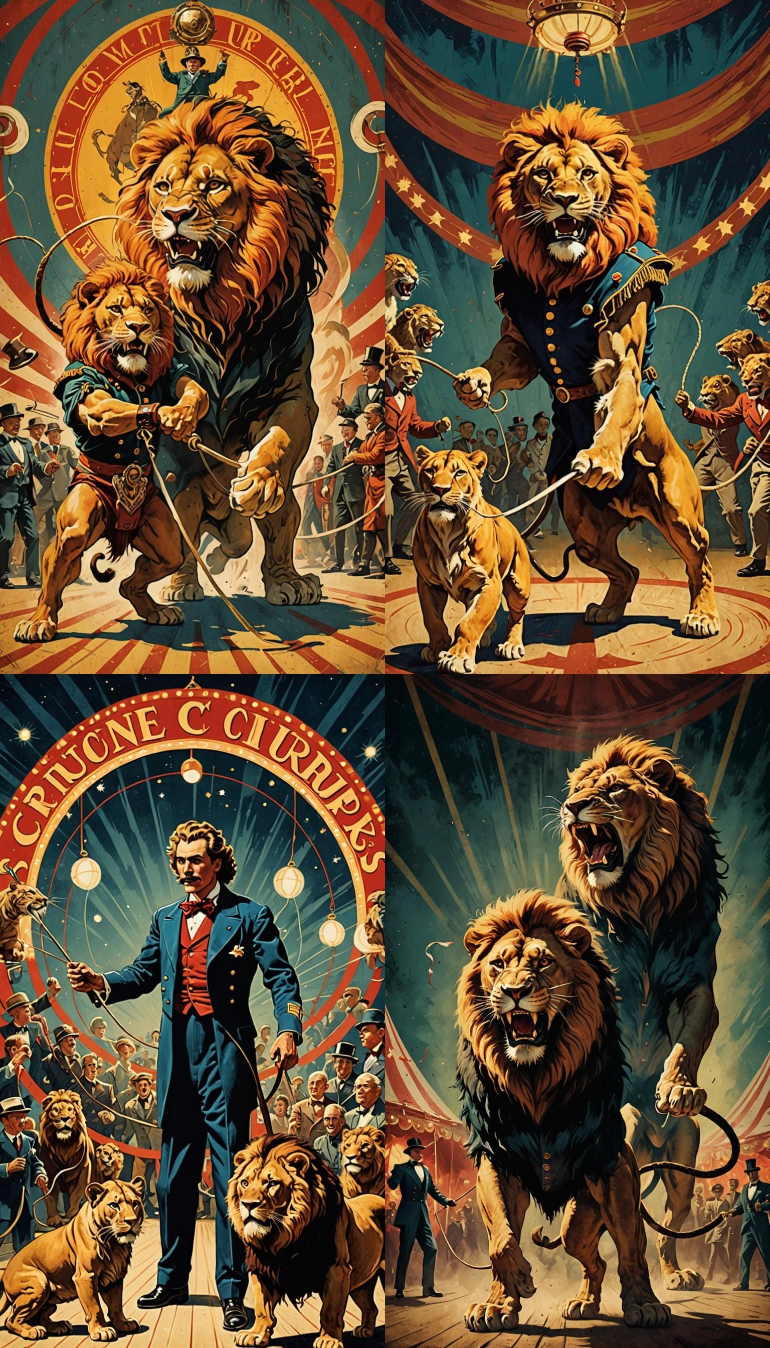 illustration styles 40s. in a circus ring, a tamer holding a...