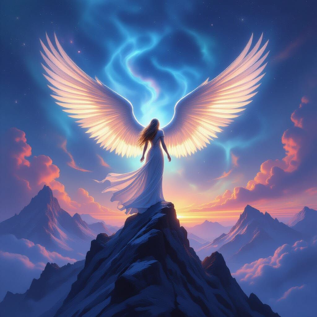  "Epic angel with glowing wings standing on a mountain peak, fantasy 8K"

