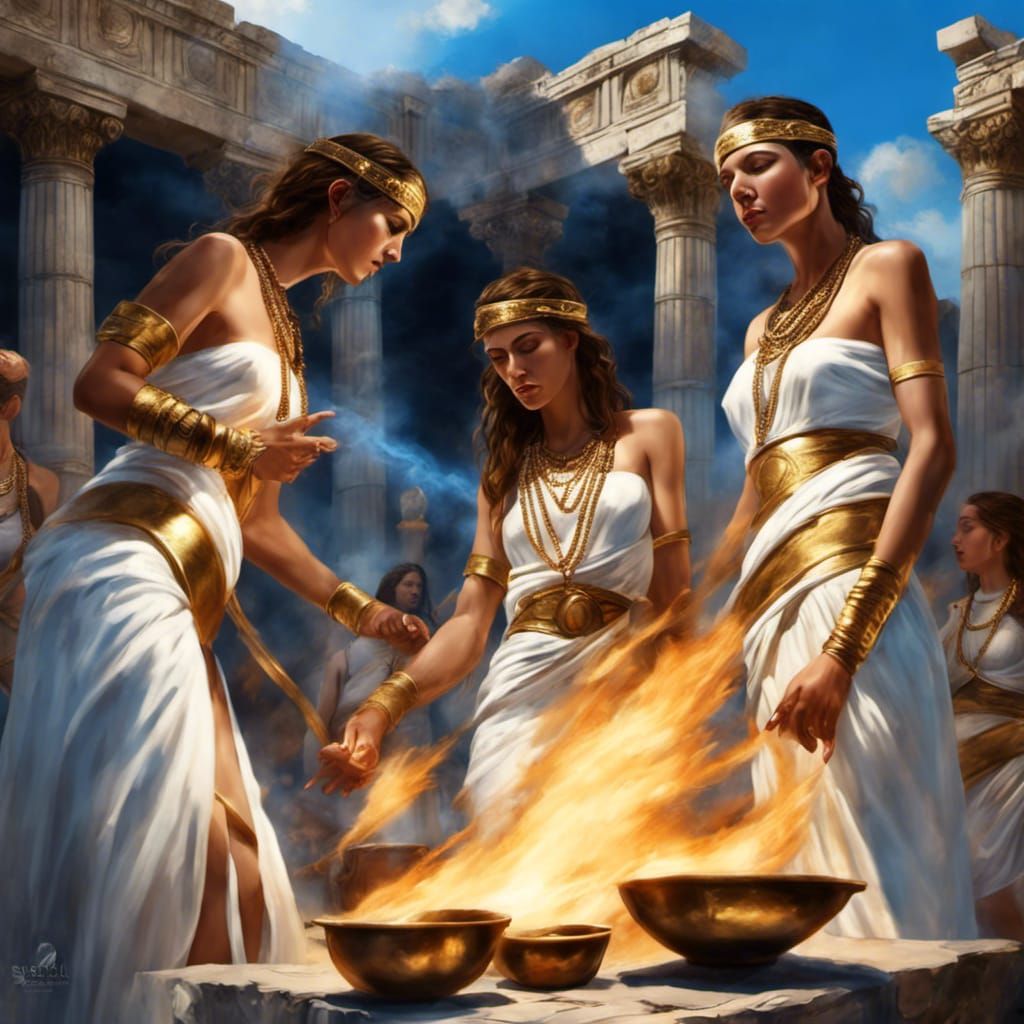 550 BCE Amazonian priestesses with wavy brown hair , blue sk...