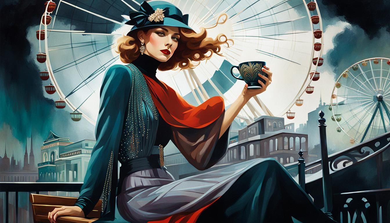 Art Deco Lady at Ferris Wheel with Coffee