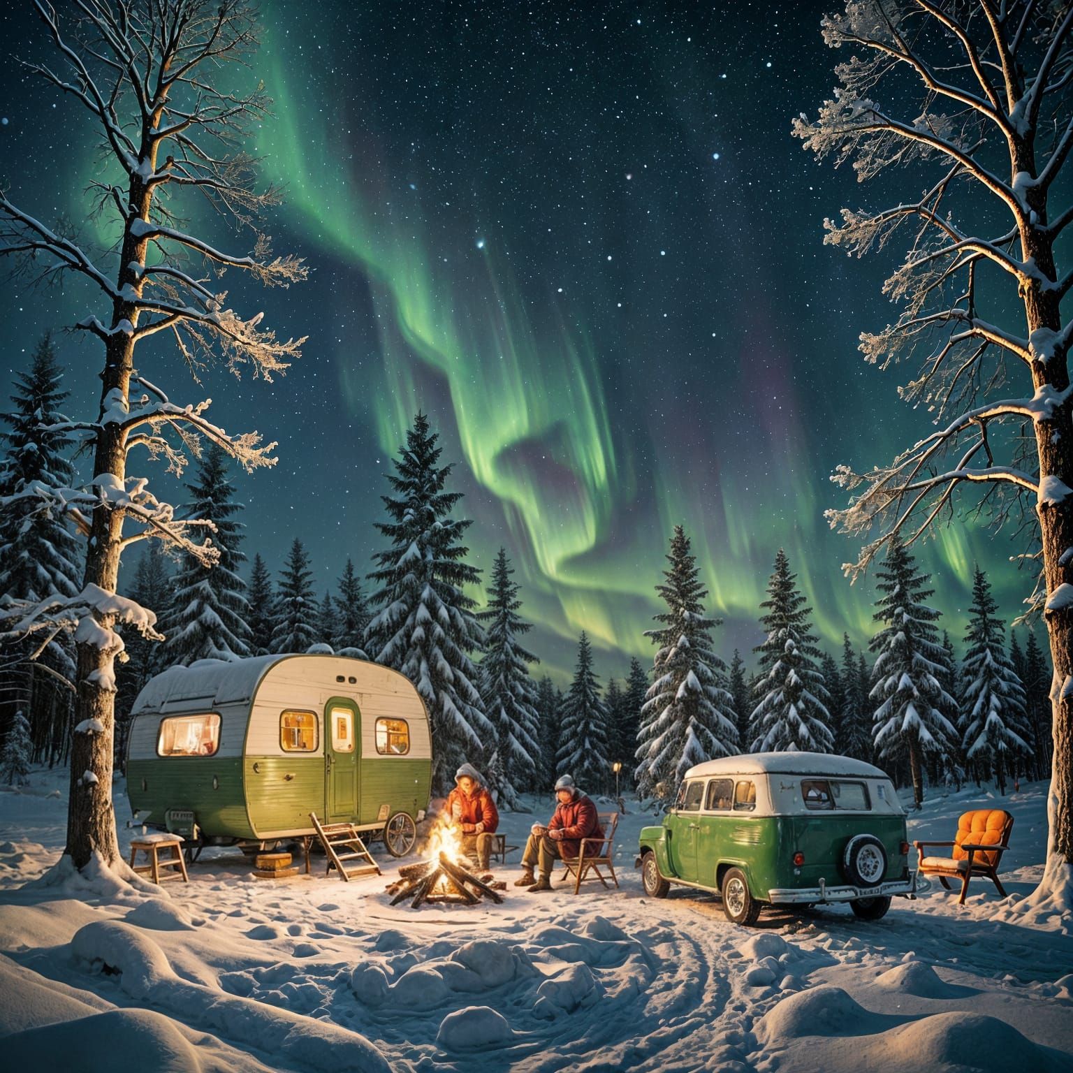 Sitting around the wintery campfire.  Snow is on the tree tops, northern lights. Vintage 1950s style ...  by @Oma