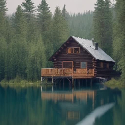 Cabin In The Center Of A Lake Surrounded By Forest, Landscape 