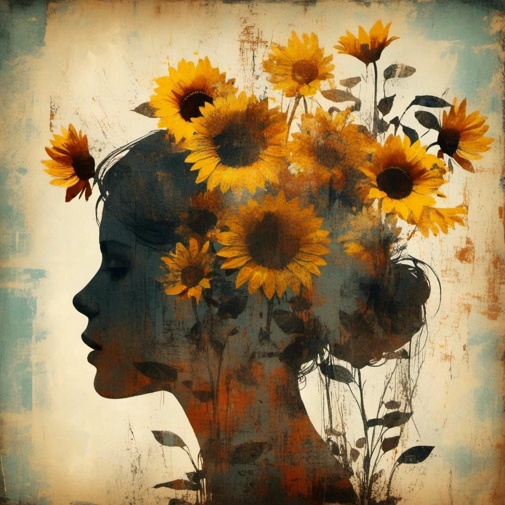 <lora:Vintage Vibe:1.0> A beautiful scratchy paint silhouetted woman with sunflowers and buttercups, warm hues, silhouette, glitchy, double...