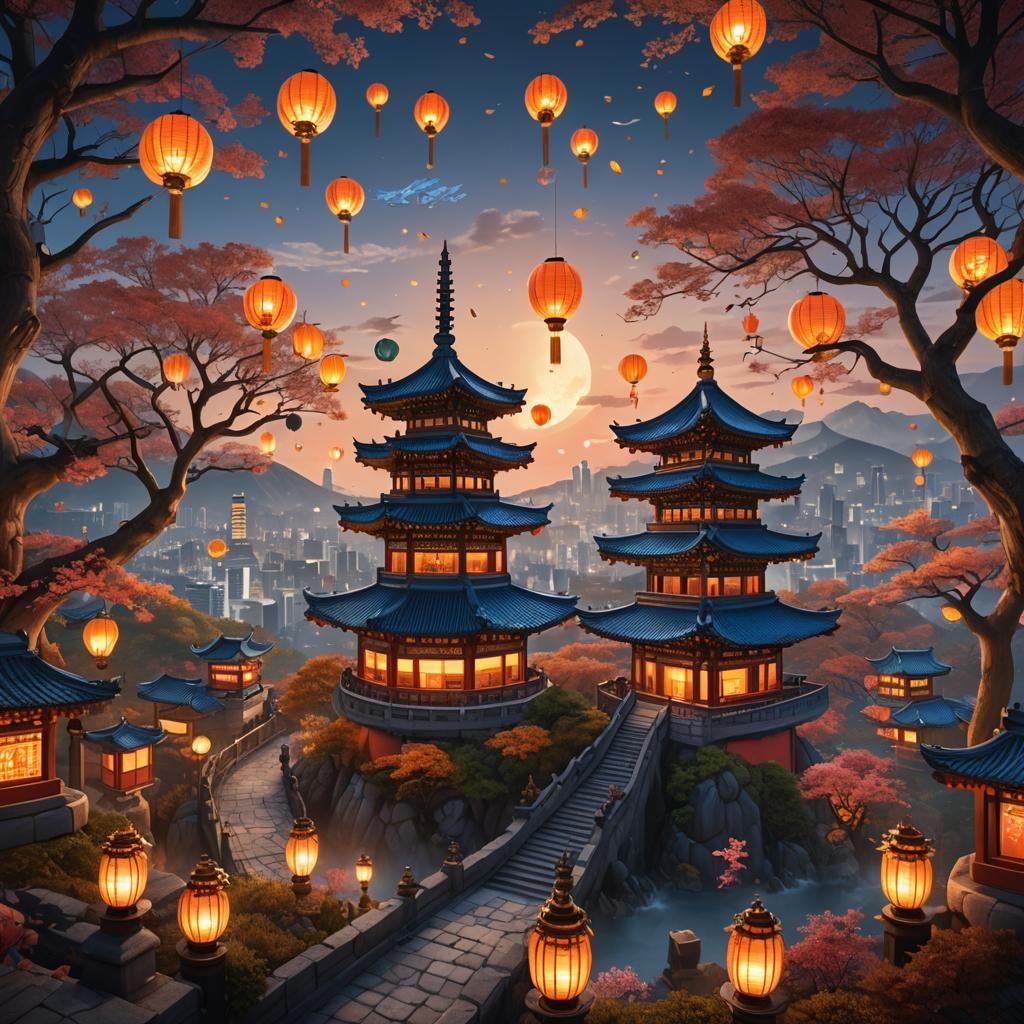 N Seoul Tower with Korean Lanterns, Fantasy Art