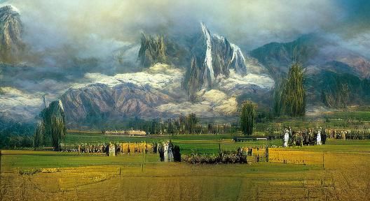 fields and mountains of Kashmir concept art Thomas Kinkade G...