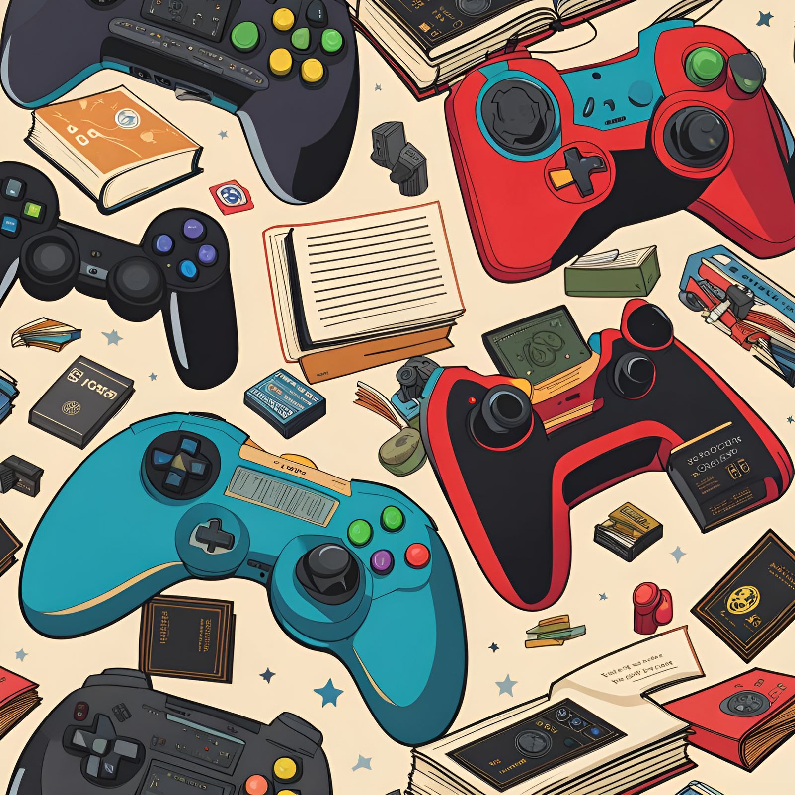 An assortment of Video game controllers and books scattered across a ...