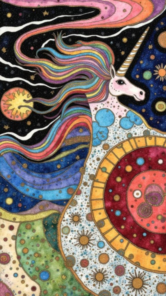<lora:Wonderfulart:1.0> <lora:fantasy:1.0> <lora:MJ Style:1.0> A child's drawing springs to life: a naive unicorn figure traverses a vibrant...