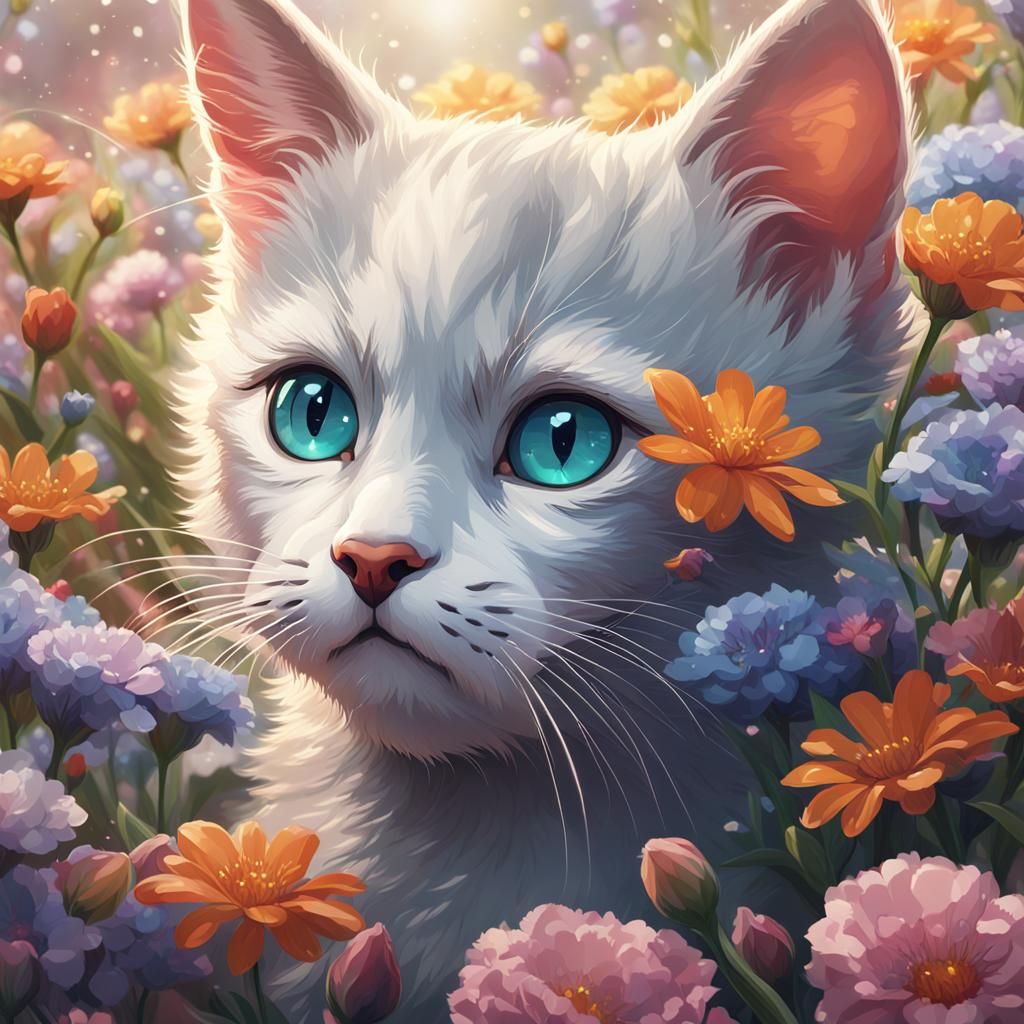 a perfect composition of a kitten surrounded by small flower...