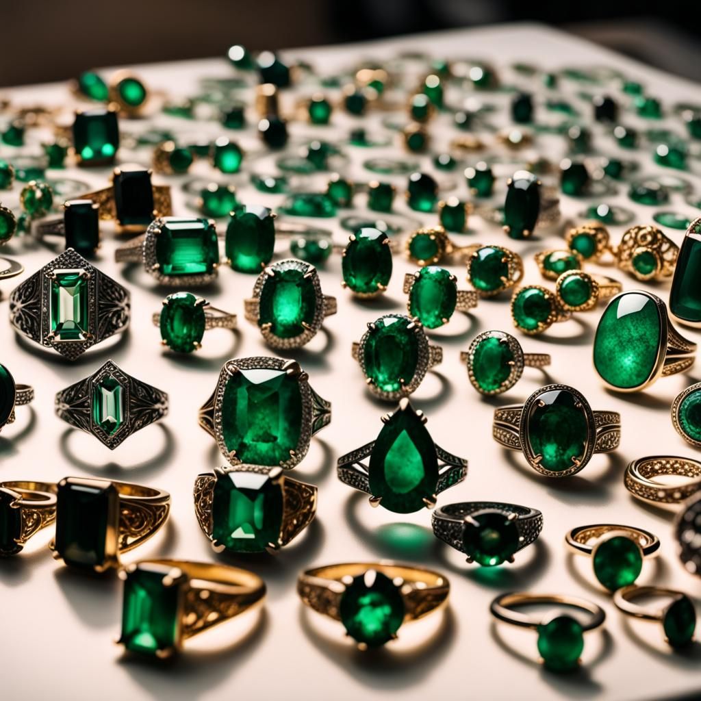 Many differnt emerald rings of intricate designs laying on a table. The ...