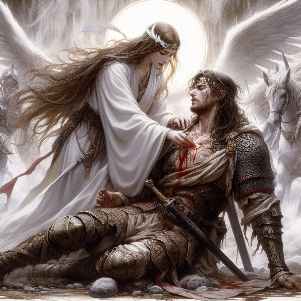 Priestess healing a warrior with a severe wound 6