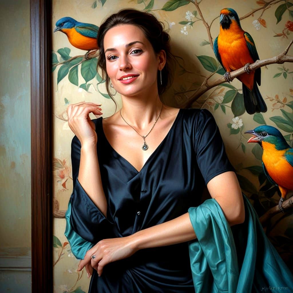 Surreal Portrait of a Happy Elegant Lady in Vibrant Surround...