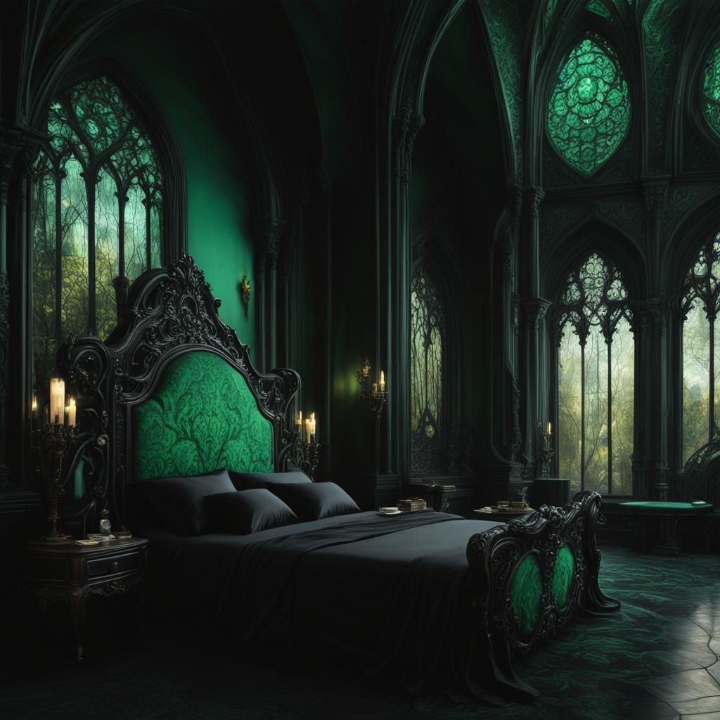 Beautiful Emerald Green And Black Gothic Bed& Hyperdetailed Art Nouveau 