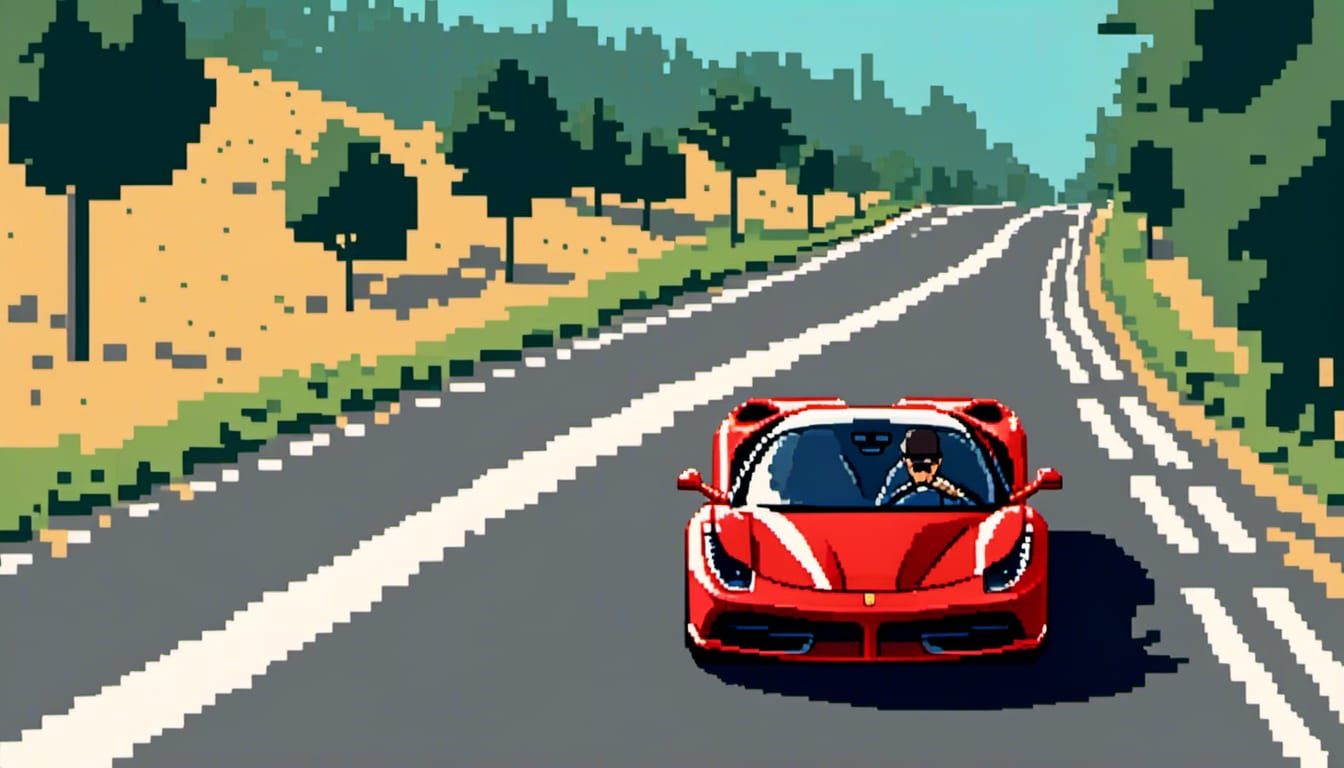 <lora:Pixel style:1.0> a ferarri driving down the road.
