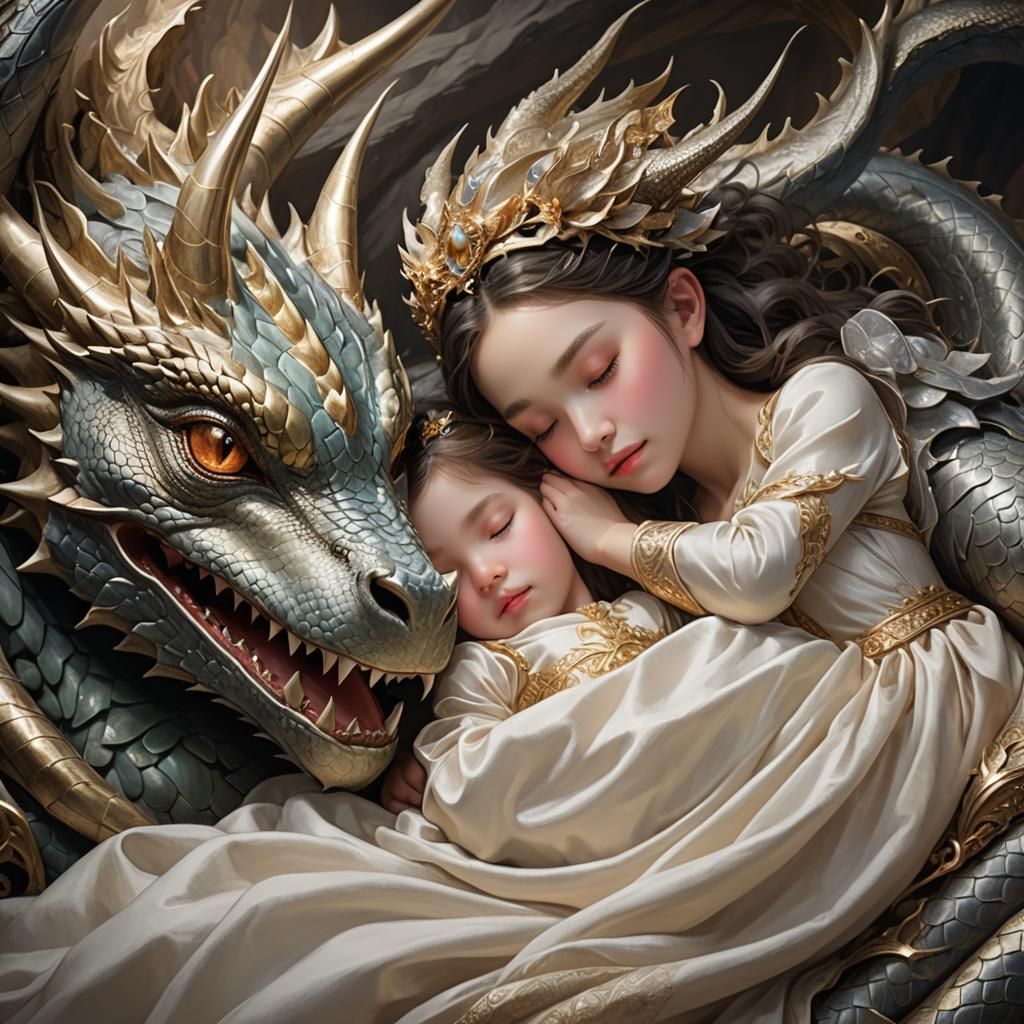 Princesses whilst sleeping, protected by their majestic dragon.   by @jcdigiart
