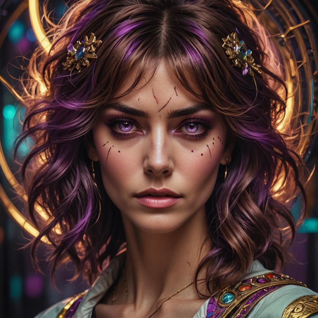 A woman with scars on the face, artistic short brown eightie...
