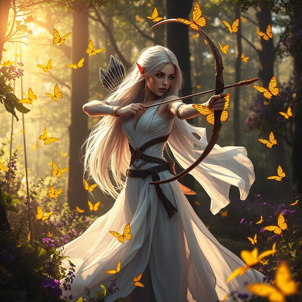 Elven Archer in Sunny Forest, Art Nouveau Style