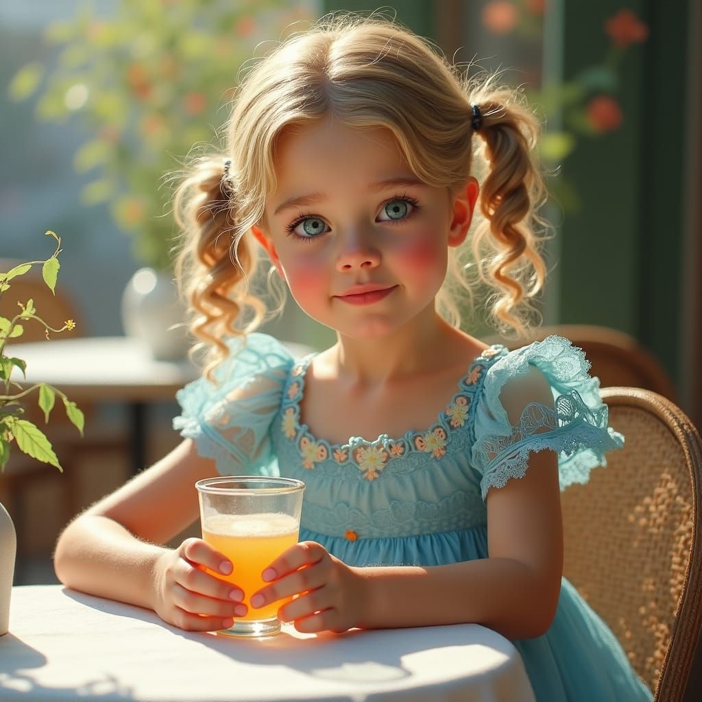 a girl with blonde hair in pigtails, beautiful blue eyes, a neat nose and a slight smile  Dressed in ...  by @_INOK