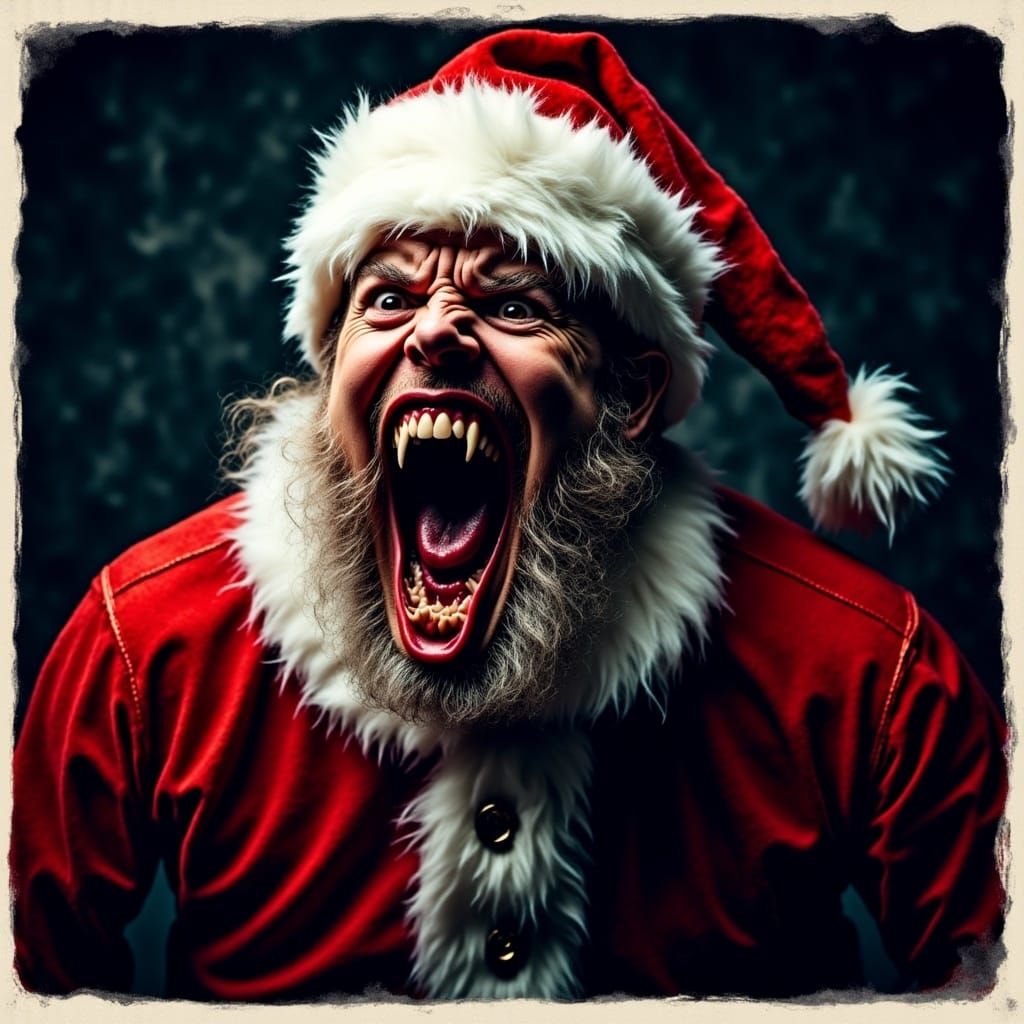  <lora:Screamo Flux Edition:1.0> a Santa Clause screaming screamo insanely with sharp teeth