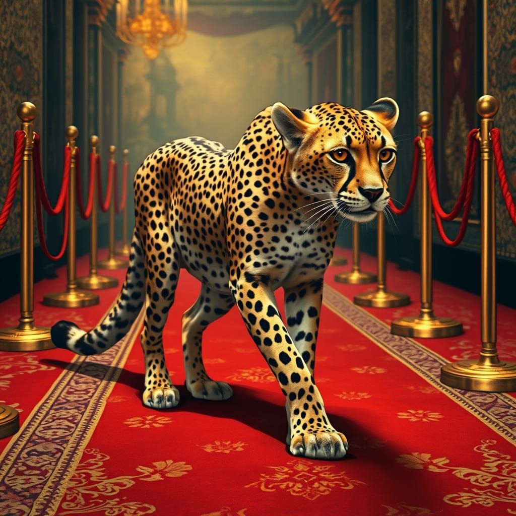 A cheetah slinking along a red carpet  by @BTMO