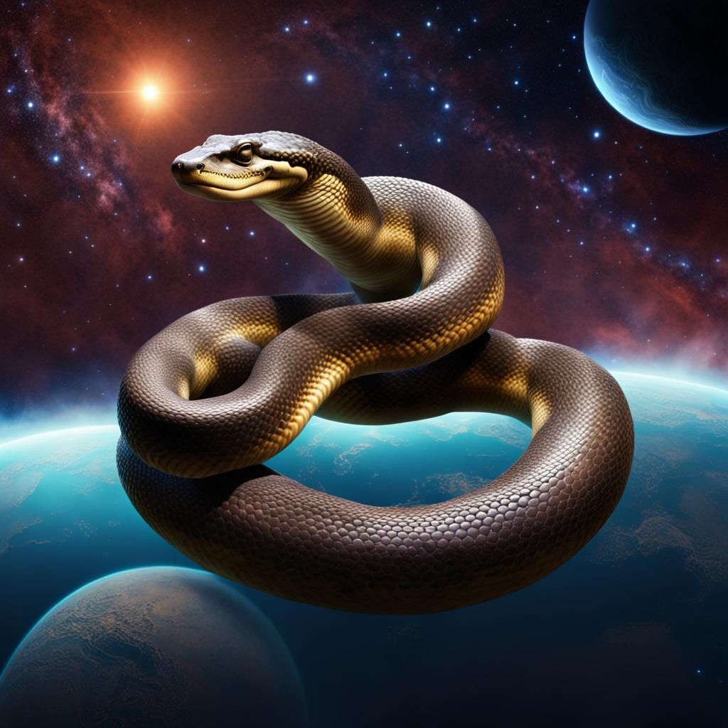 An anaconda around a planet with stars in the background