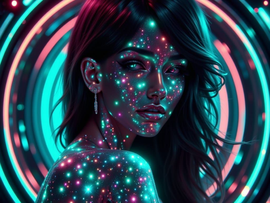 Teal maroon plastic metallic android beauty woman neon tunnel lit expressive face critical component mechanics shimmer shine <lora:Holograph...