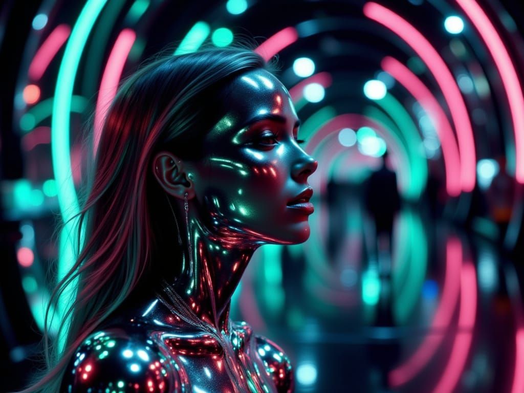 Teal maroon plastic metallic android beauty woman neon tunnel lit expressive face critical component mechanics shimmer shine <lora:Holograph...