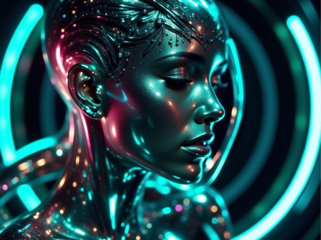 Teal maroon plastic metallic android beauty woman neon tunnel lit expressive face critical component mechanics shimmer shine <lora:Holograph...