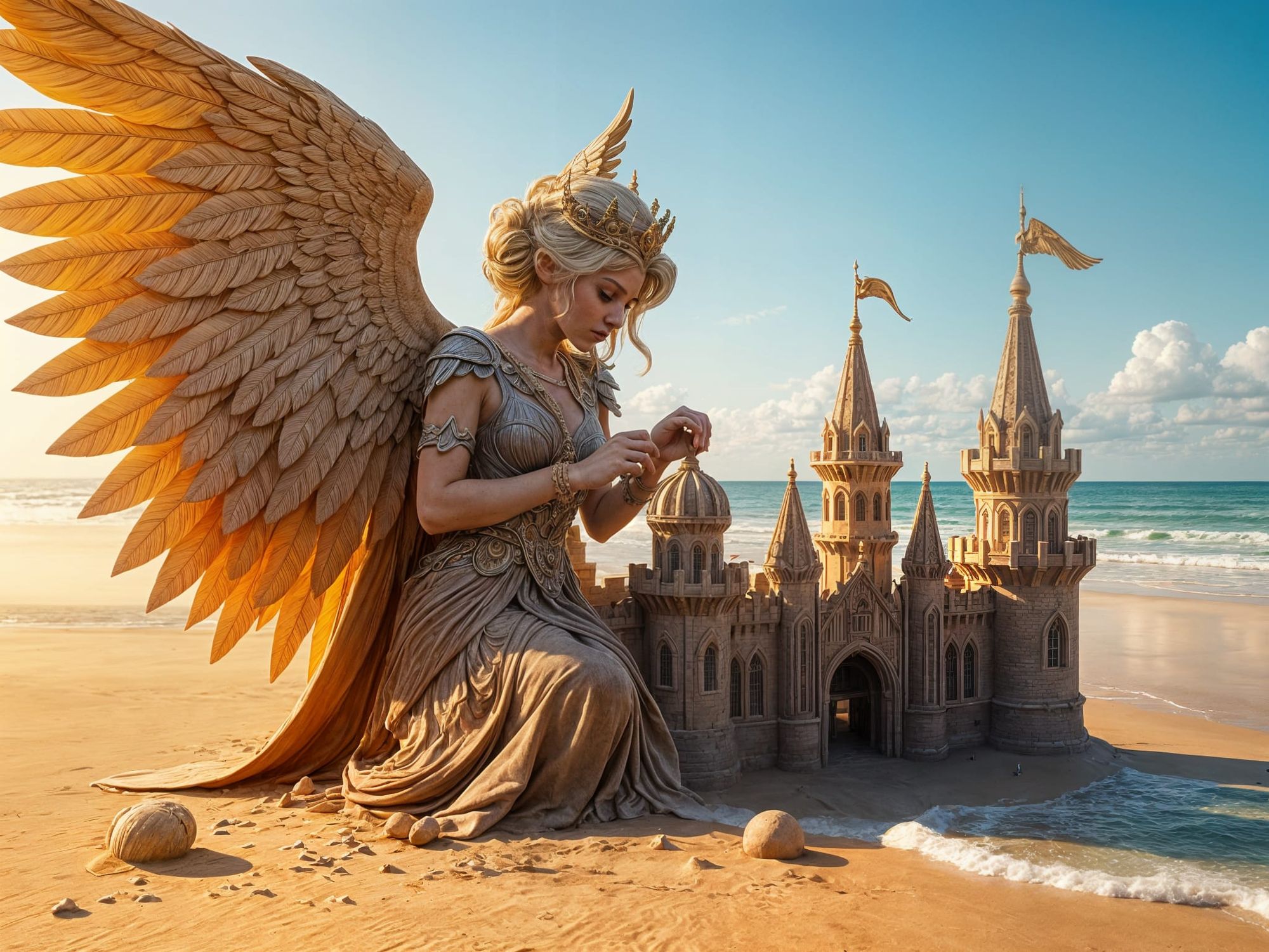Realistic winged queen building a luxurious clay castle on the beach. Digital art