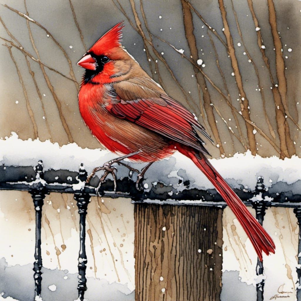 <lora:Birds:1.0> A Cardinal sitting on a snowy wrought iron fence
