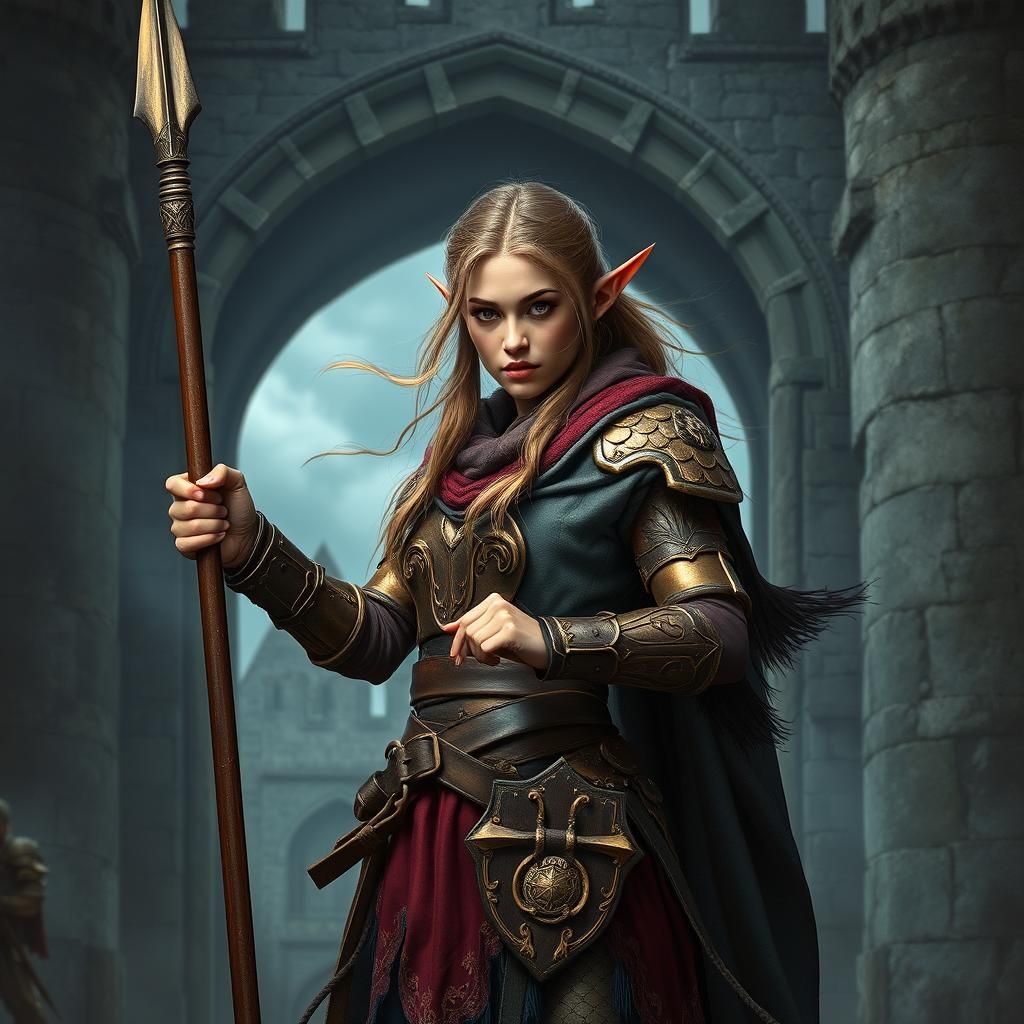 A DnD fantasy style beautiful female elf fighter stands poised for battle outside the towering gate of a medieval fantasy city. She grips a...