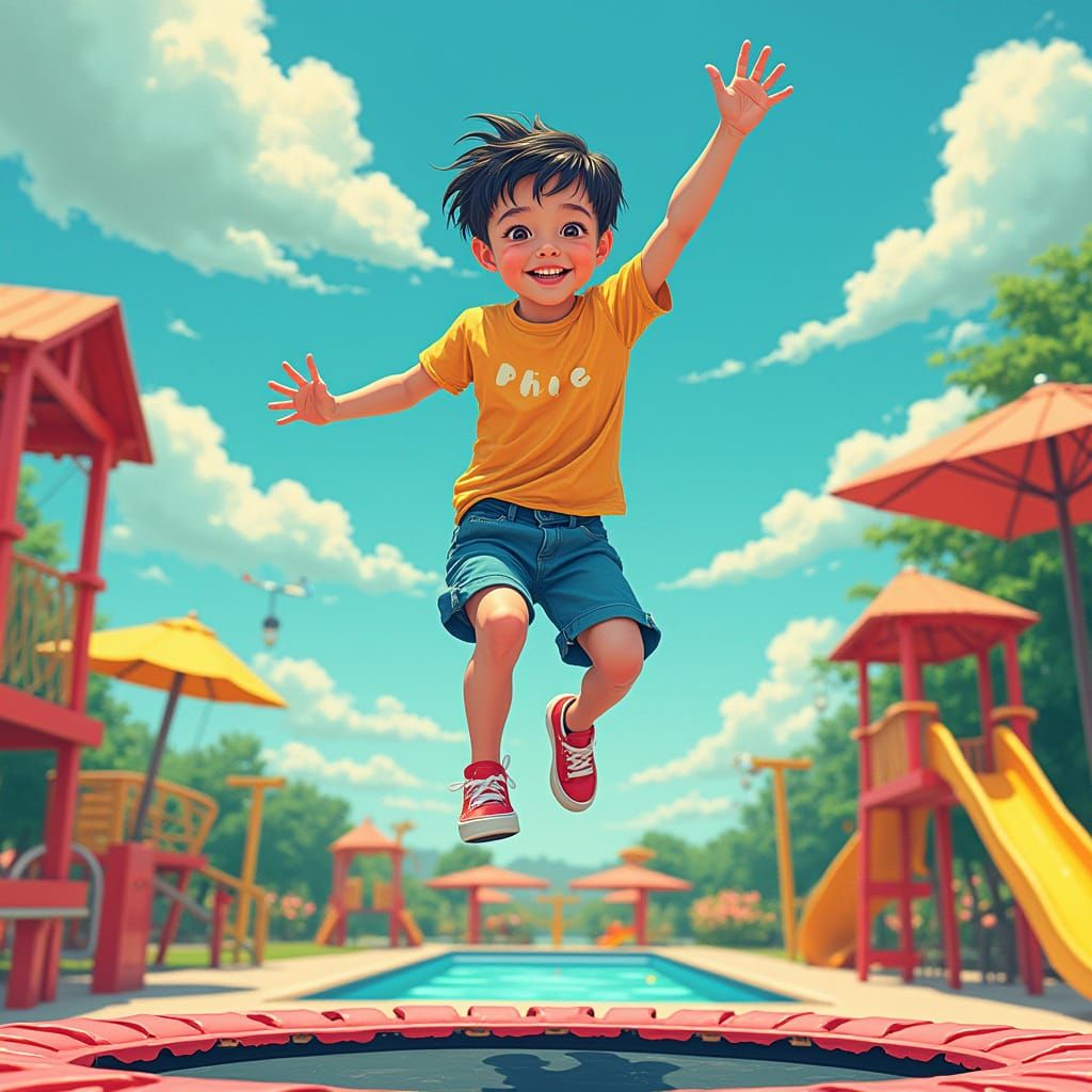 Sweet Boy Joyfully Jumps on Trampoline