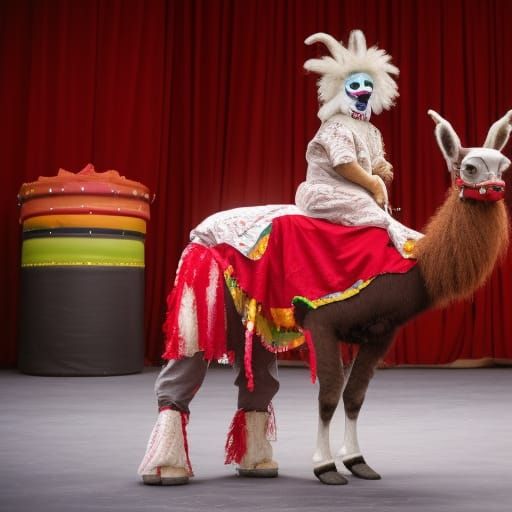 a clown with a big red nose, riding a llama, in the circus b...