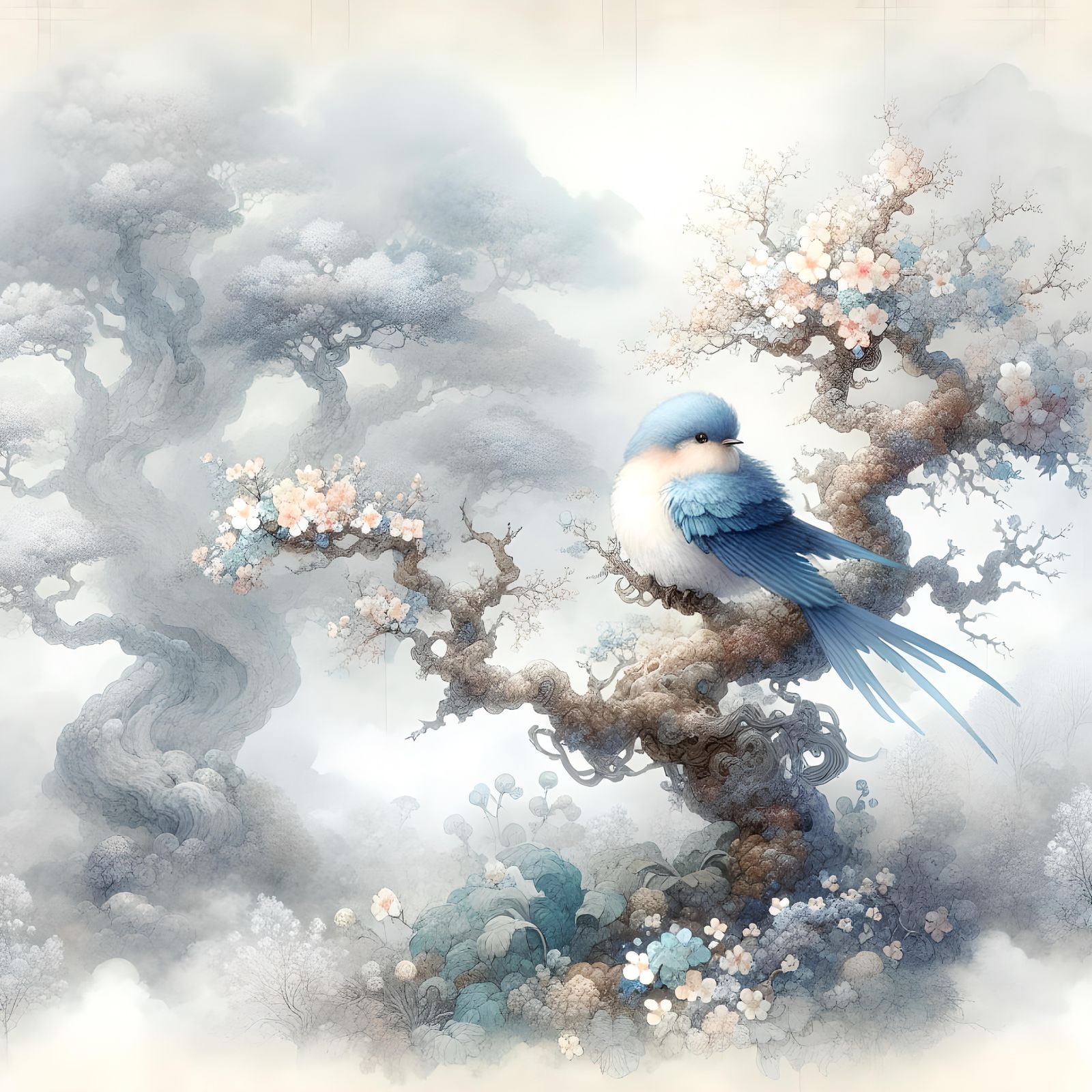 A water colour painting of a blue bird in a tree with flowers on the branches. In the style of Hokusai. ...  by @Irene