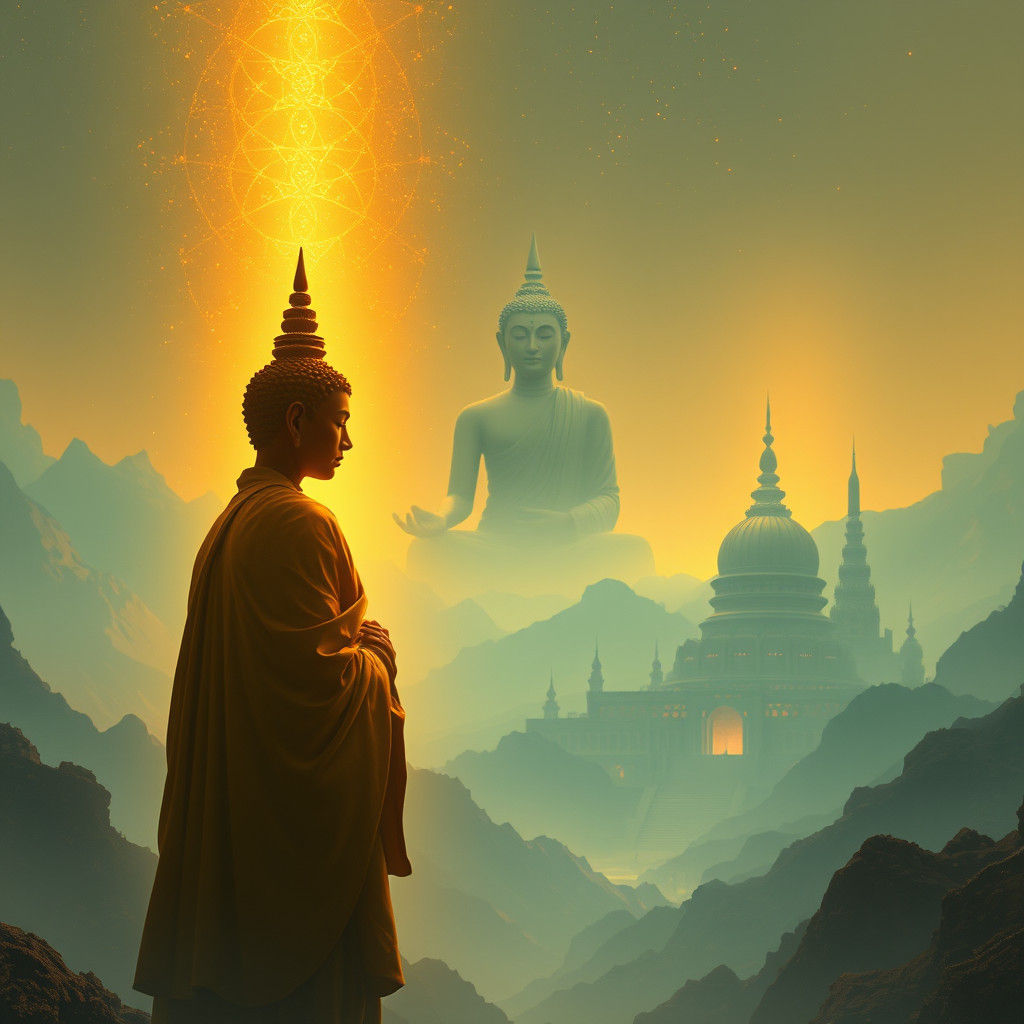 Subhuti Before Dipamkara Buddha in Golden Light